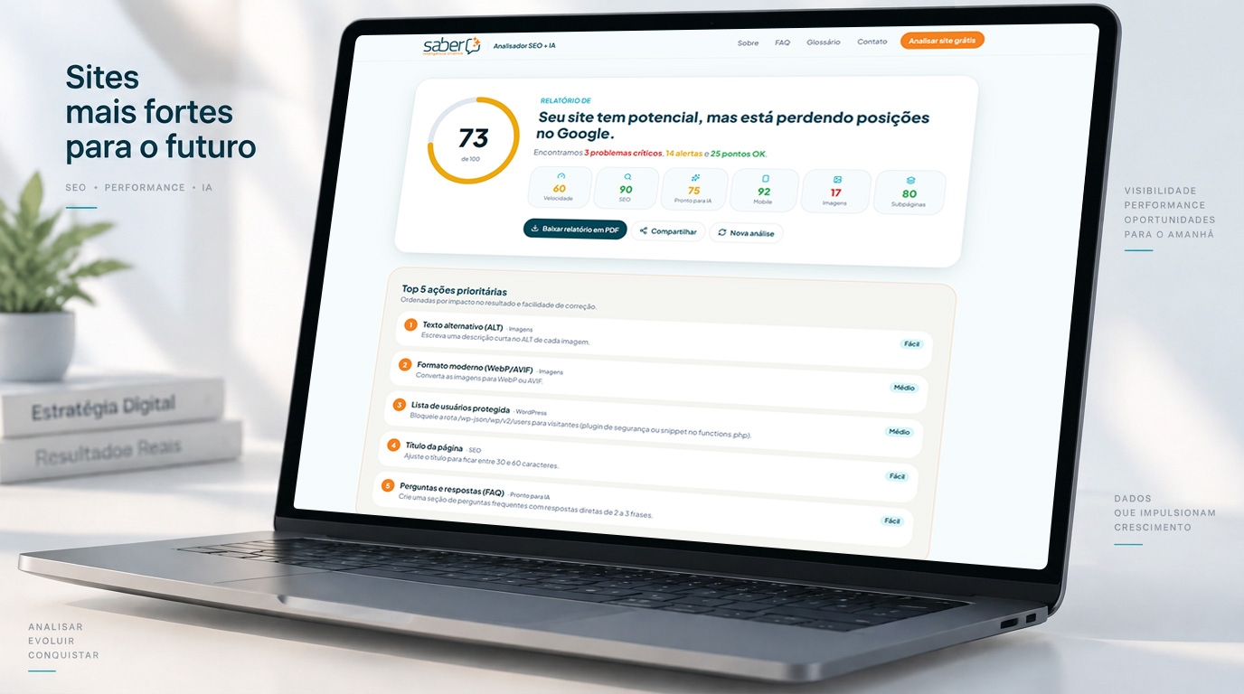 Relatório de análise da Saber em um notebook: nota geral 73 de 100, notas por item e as 5 ações prioritárias para corrigir